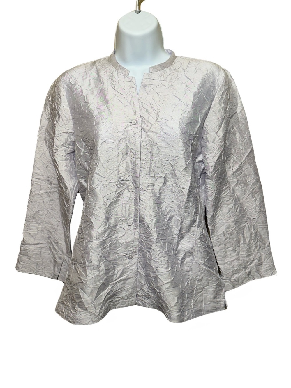 Eileen Fisher Silk Crinkle Mandarin Collar Top Champagne Silver XS